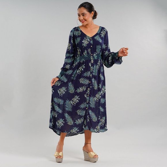 Coral or Navy Button Front Midi Dress with Smocking Dress - Picture 8 of 9